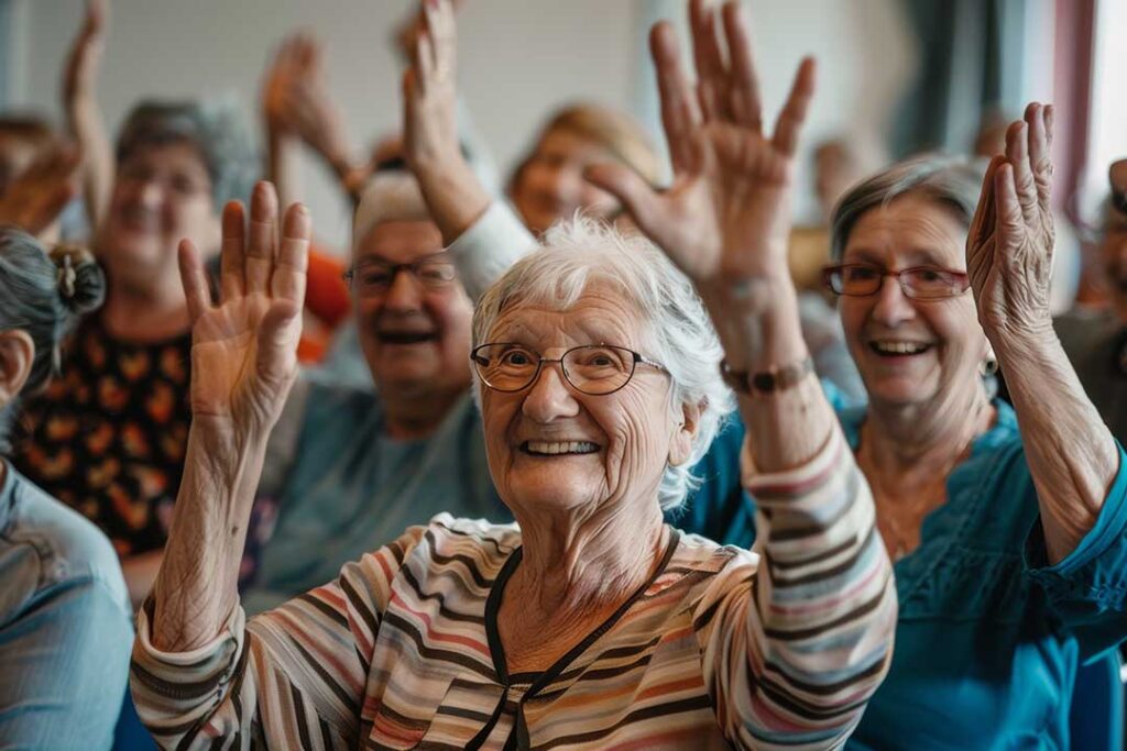 Older adults share a table activity while a caregiver reviews a daily schedule nearby.