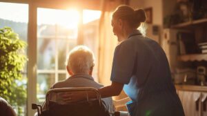Family members sign in at an assisted living reception desk while visiting an older adult.
