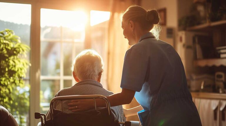 Family members sign in at an assisted living reception desk while visiting an older adult.